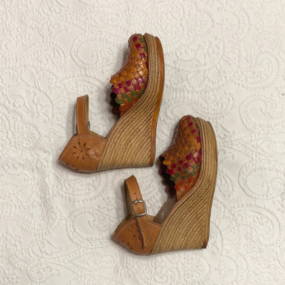 Huaraches Size 7 US/4 MEX Tan Woven Leather Platform Wedge Sandals - Picture 5 of 11